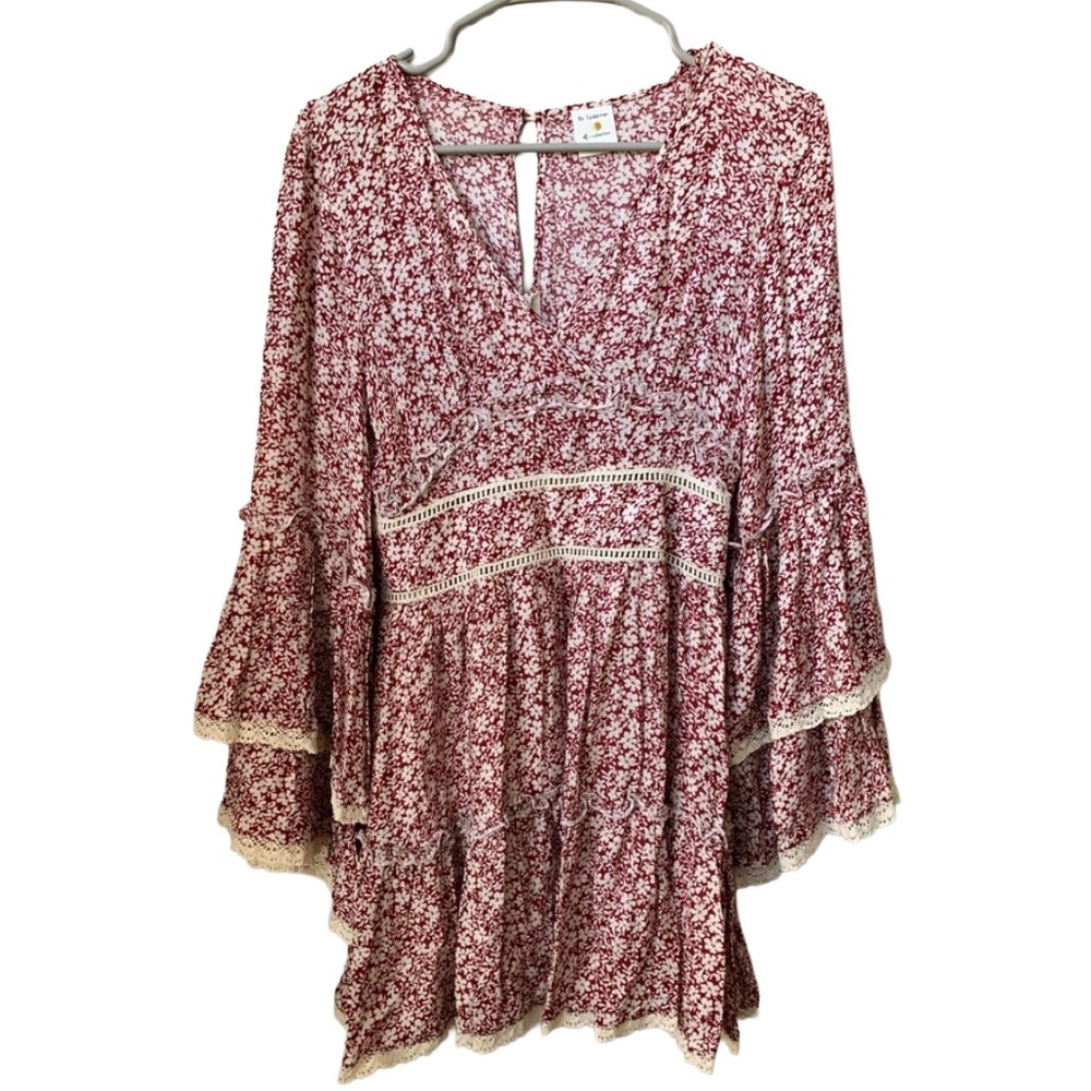 BE TOGETHER Women’s Burgundy w/ Cream Floral Print Fit & Flare Rayon Mini Dress - Picture 1 of 9